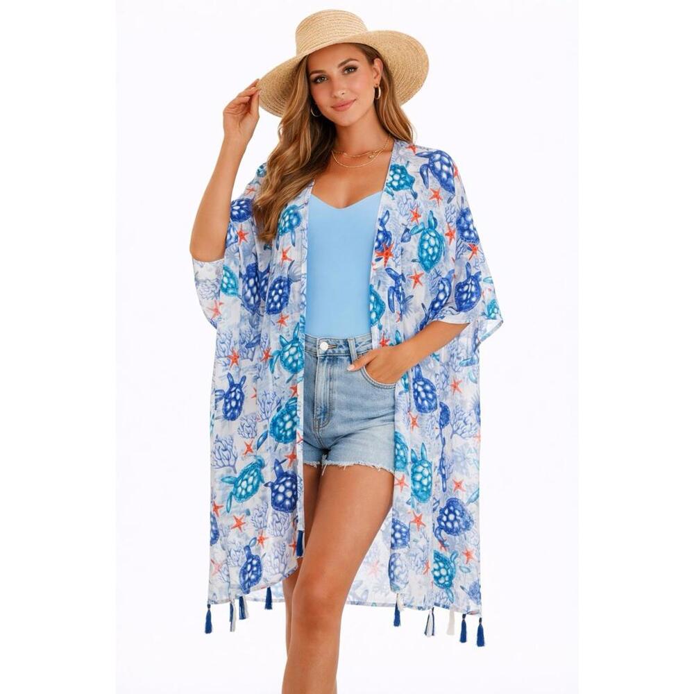 NWT Henna Shoppe Sea Turtle Kimono Robe Rayon Tassel Blue Cover Up OS A27